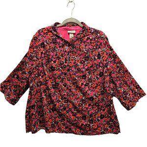 Catherines Blouse Womens 2X Ditzy Floral Black Pink Red Purple Bold Bright Color